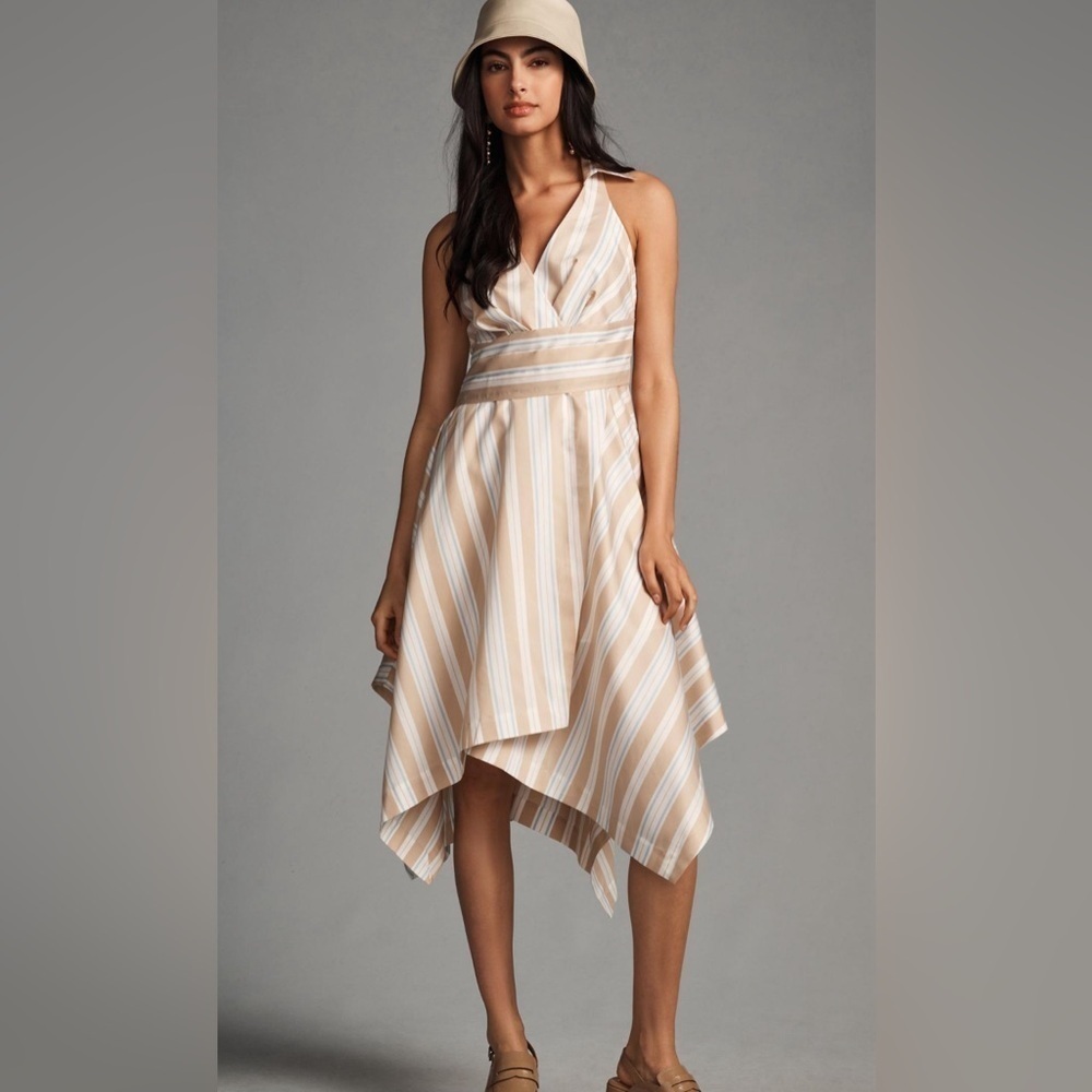 Anthropologie Maeve Asymmetrical Wrap Shirt Dress Striped Coastal Chic Size 12